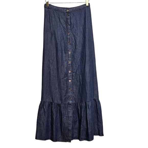 Chambray Cottagecore Boho Country Button-Down Denim Maxi Skirt Ruffle Hem L - Picture 1 of 11